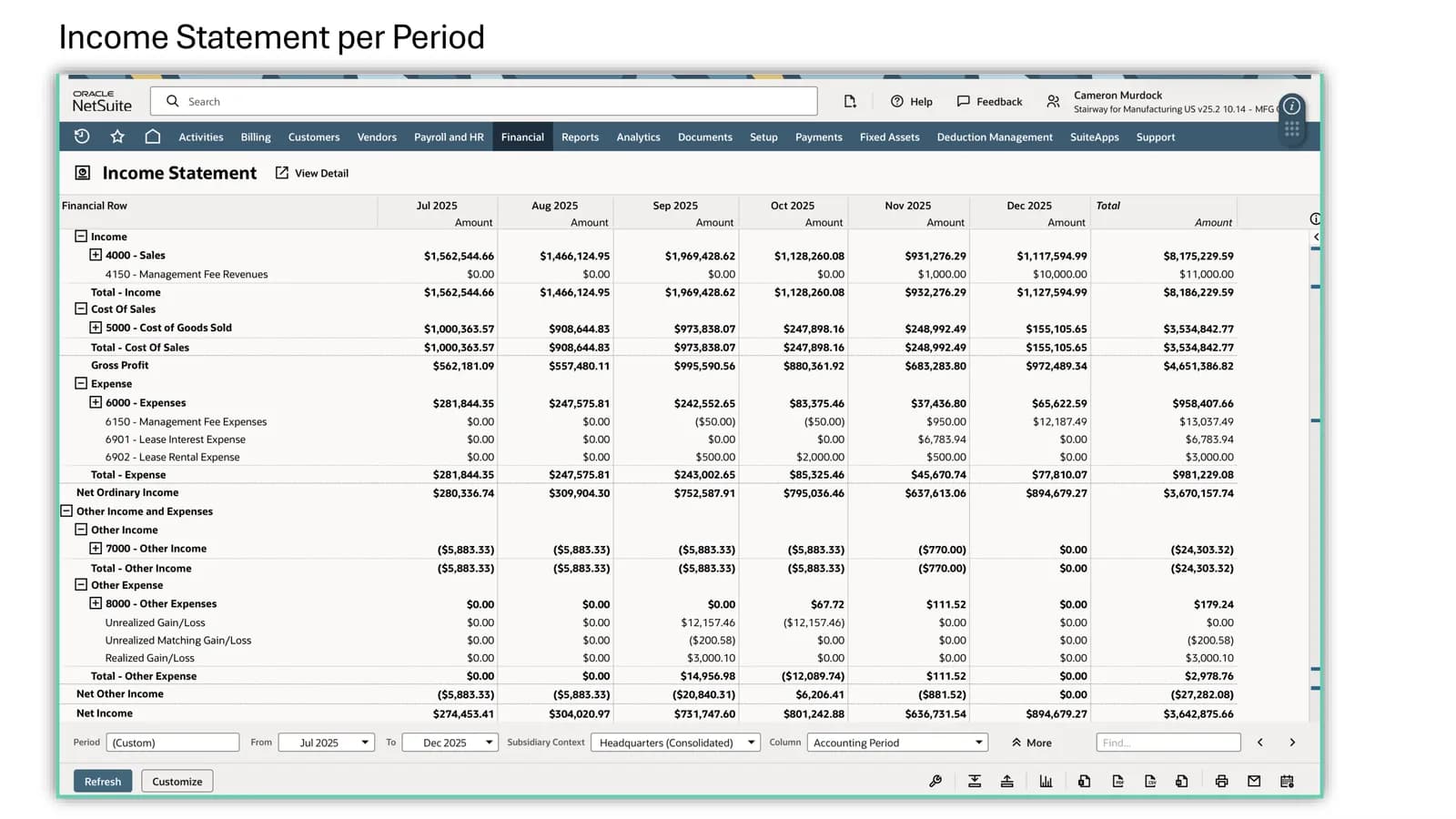 Income statement per period